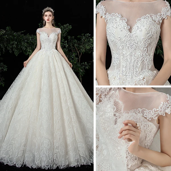 Meilleur Champagne Dentelle Robe De Mariée 2020 Robe Boule Transparentes Encolure Carrée Manches Courtes Appliques En Dentelle Perlage Chapel Train Volants