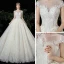 Meilleur Champagne Dentelle Robe De Mariée 2020 Robe Boule Transparentes Encolure Carrée Manches Courtes Appliques En Dentelle Perlage Chapel Train Volants
