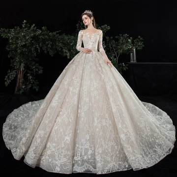 Charmant Champagne Transparentes Robe De Mariée 2020 Robe Boule Encolure Dégagée Manches Longues Dos Nu Glitter Tulle Appliques En Dentelle Perlage Royal Train Volants