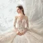Charmant Champagne Transparentes Robe De Mariée 2020 Robe Boule Encolure Dégagée Manches Longues Dos Nu Glitter Tulle Appliques En Dentelle Perlage Royal Train Volants