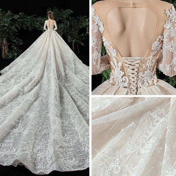 Charmant Champagne Transparentes Robe De Mariée 2020 Robe Boule Encolure Dégagée Manches Longues Dos Nu Glitter Tulle Appliques En Dentelle Perlage Royal Train Volants