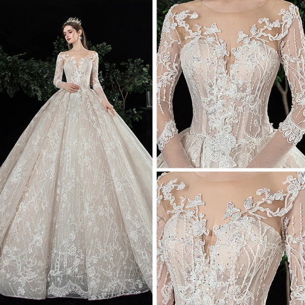 Charmant Champagne Transparentes Robe De Mariée 2020 Robe Boule Encolure Dégagée Manches Longues Dos Nu Glitter Tulle Appliques En Dentelle Perlage Royal Train Volants