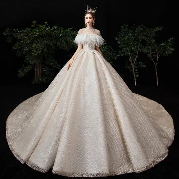 Meilleur Champagne Robe De Mariée Avec Châle 2020 Robe Boule Bustier Sans Manches Dos Nu À Carreaux Glitter Tulle Perlage Plumes Royal Train Volants