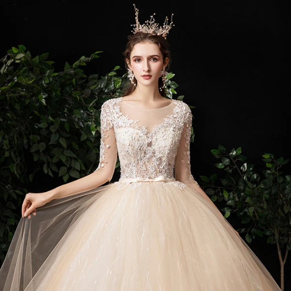 Illusion Champagne See-through Outdoor / Garden Wedding Dresses 2020 Ball Gown Square Neckline 1/2 Sleeves Appliques Lace Beading Bow Sash Floor-Length / Long Ruffle