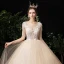 Illusion Champagne See-through Outdoor / Garden Wedding Dresses 2020 Ball Gown Square Neckline 1/2 Sleeves Appliques Lace Beading Bow Sash Floor-Length / Long Ruffle