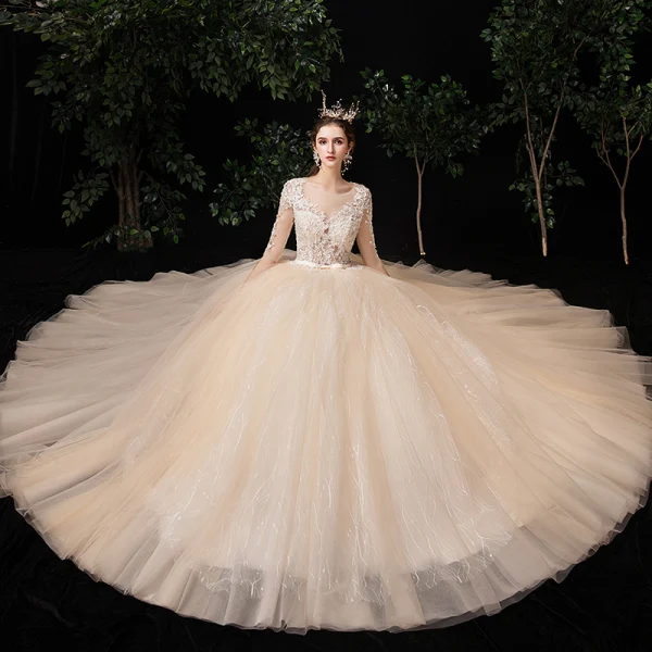 Illusion Champagne See-through Outdoor / Garden Wedding Dresses 2020 Ball Gown Square Neckline 1/2 Sleeves Appliques Lace Beading Bow Sash Floor-Length / Long Ruffle