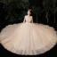 Illusion Champagne See-through Outdoor / Garden Wedding Dresses 2020 Ball Gown Square Neckline 1/2 Sleeves Appliques Lace Beading Bow Sash Floor-Length / Long Ruffle