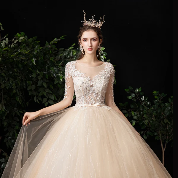 Illusion Champagne See-through Outdoor / Garden Wedding Dresses 2020 Ball Gown Square Neckline 1/2 Sleeves Appliques Lace Beading Bow Sash Floor-Length / Long Ruffle