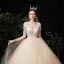 Illusion Champagne See-through Outdoor / Garden Wedding Dresses 2020 Ball Gown Square Neckline 1/2 Sleeves Appliques Lace Beading Bow Sash Floor-Length / Long Ruffle