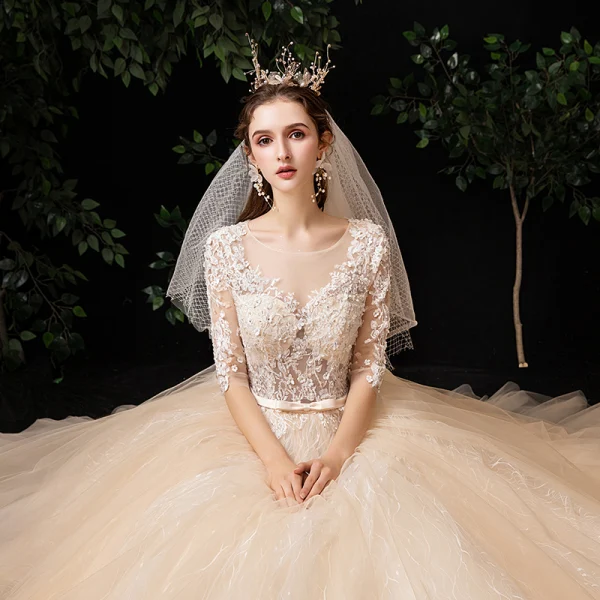 Illusion Champagne See-through Outdoor / Garden Wedding Dresses 2020 Ball Gown Square Neckline 1/2 Sleeves Appliques Lace Beading Bow Sash Floor-Length / Long Ruffle