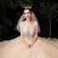 Illusion Champagne See-through Outdoor / Garden Wedding Dresses 2020 Ball Gown Square Neckline 1/2 Sleeves Appliques Lace Beading Bow Sash Floor-Length / Long Ruffle