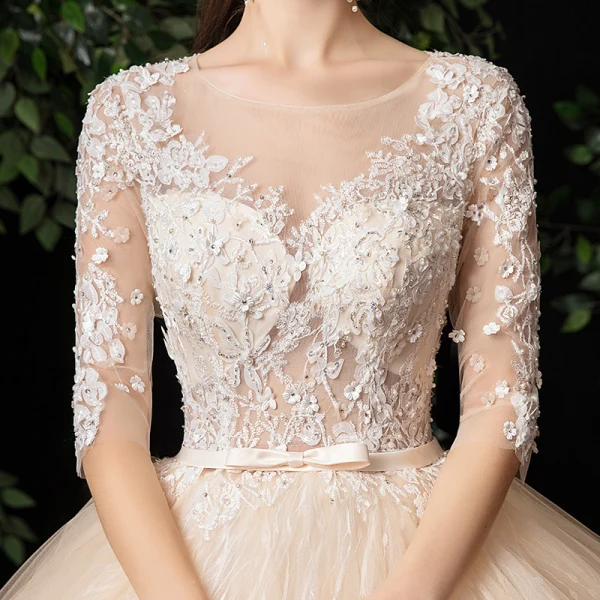 Illusion Champagne See-through Outdoor / Garden Wedding Dresses 2020 Ball Gown Square Neckline 1/2 Sleeves Appliques Lace Beading Bow Sash Floor-Length / Long Ruffle