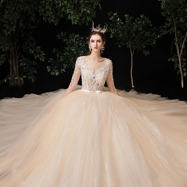 Illusion Champagne See-through Outdoor / Garden Wedding Dresses 2020 Ball Gown Square Neckline 1/2 Sleeves Appliques Lace Beading Bow Sash Floor-Length / Long Ruffle