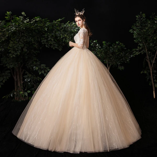Illusion Champagne See-through Outdoor / Garden Wedding Dresses 2020 Ball Gown Square Neckline 1/2 Sleeves Appliques Lace Beading Bow Sash Floor-Length / Long Ruffle