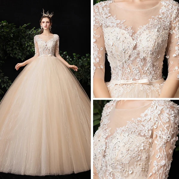 Illusion Champagne See-through Outdoor / Garden Wedding Dresses 2020 Ball Gown Square Neckline 1/2 Sleeves Appliques Lace Beading Bow Sash Floor-Length / Long Ruffle