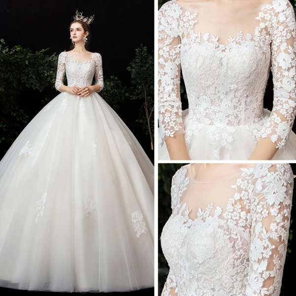 High-end Champagne Genomskinliga Bröllopsklänningar 2020 Balklänning Fyrkantig Ringning 3/4 ärm Halterneck Pierced Appliqués Spets Chapel Train Ruffle