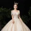Luxe Champagne Robe De Mariée 2020 Robe Boule De l'épaule Manches Courtes Dos Nu Perlage Glitter Paillettes Tulle Royal Train Volants