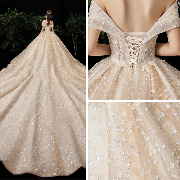 Luxe Champagne Robe De Mariée 2020 Robe Boule De l'épaule Manches Courtes Dos Nu Perlage Glitter Paillettes Tulle Royal Train Volants