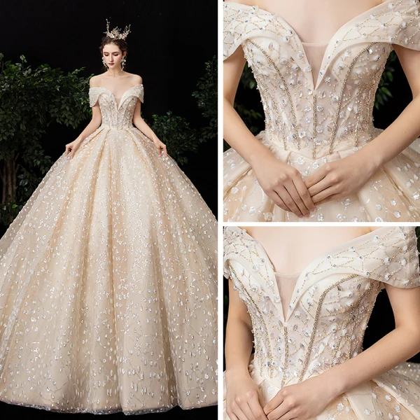Luxe Champagne Robe De Mariée 2020 Robe Boule De l'épaule Manches Courtes Dos Nu Perlage Glitter Paillettes Tulle Royal Train Volants