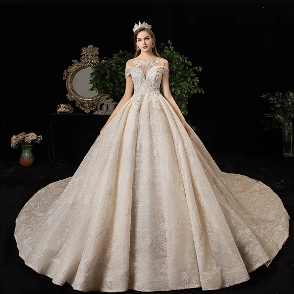 Luxury / Gorgeous Champagne See-through Wedding Dresses 2020 Ball Gown Scoop Neck Short Sleeve Backless Glitter Appliques Lace Beading Tassel Chapel Train Ruffle