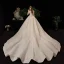 Luxury / Gorgeous Champagne See-through Wedding Dresses 2020 Ball Gown Scoop Neck Short Sleeve Backless Glitter Appliques Lace Beading Tassel Chapel Train Ruffle