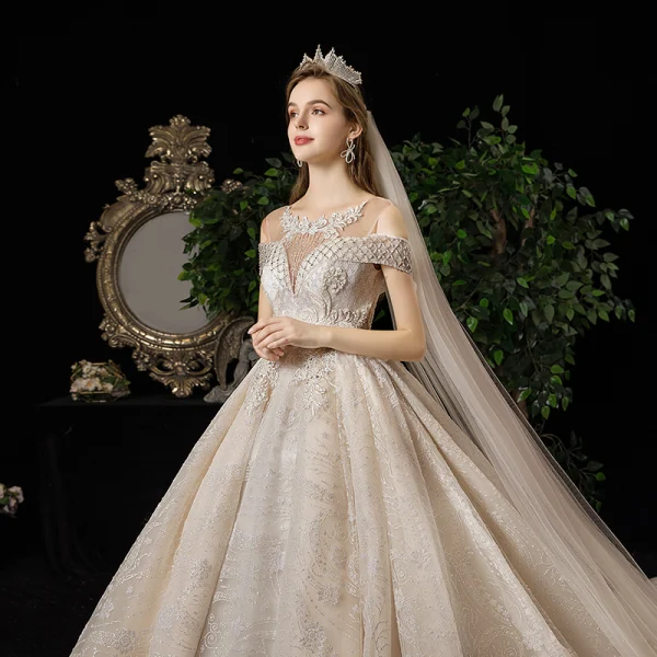 Luxury / Gorgeous Champagne See-through Wedding Dresses 2020 Ball Gown Scoop Neck Short Sleeve Backless Glitter Appliques Lace Beading Tassel Chapel Train Ruffle