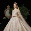 Luxury / Gorgeous Champagne See-through Wedding Dresses 2020 Ball Gown Scoop Neck Short Sleeve Backless Glitter Appliques Lace Beading Tassel Chapel Train Ruffle