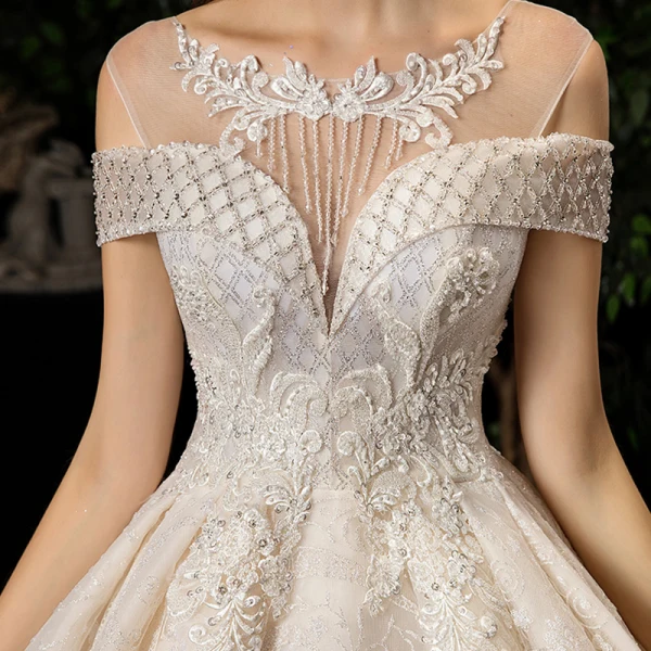 Luxury / Gorgeous Champagne See-through Wedding Dresses 2020 Ball Gown Scoop Neck Short Sleeve Backless Glitter Appliques Lace Beading Tassel Chapel Train Ruffle
