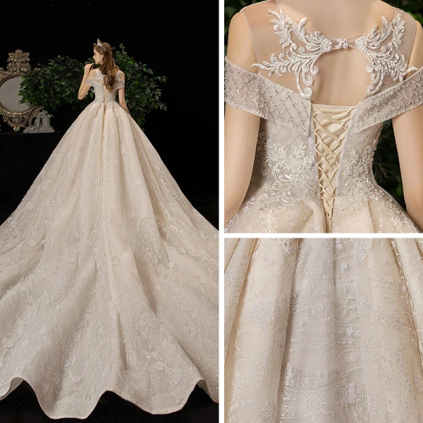 Luxury / Gorgeous Champagne See-through Wedding Dresses 2020 Ball Gown Scoop Neck Short Sleeve Backless Glitter Appliques Lace Beading Tassel Chapel Train Ruffle