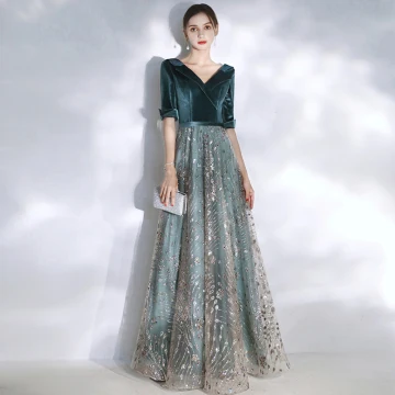 Chic Belle Bleu D Encre Robe De Soirée 2020 Princesse V Cou 1 2 Manches Glitter Paillettes Tulle Ceinture Longue Volants Dos Nu Robe De Ceremonie