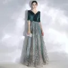Chic / Beautiful Ink Blue Evening Dresses  2020 A-Line / Princess V-Neck 1/2 Sleeves Glitter Sequins Tulle Sash Floor-Length / Long Ruffle Backless Formal Dresses