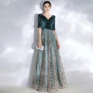 Chic Belle Bleu D Encre Robe De Soirée 2020 Princesse V Cou 1 2 Manches Glitter Paillettes Tulle Ceinture Longue Volants Dos Nu Robe De Ceremonie