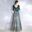 Chic / Belle Bleu D'encre Robe De Soirée 2020 Princesse V-Cou 1/2 Manches Glitter Paillettes Tulle Ceinture Longue Volants Dos Nu Robe De Ceremonie