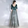 Chic / Belle Bleu D'encre Robe De Soirée 2020 Princesse V-Cou 1/2 Manches Glitter Paillettes Tulle Ceinture Longue Volants Dos Nu Robe De Ceremonie
