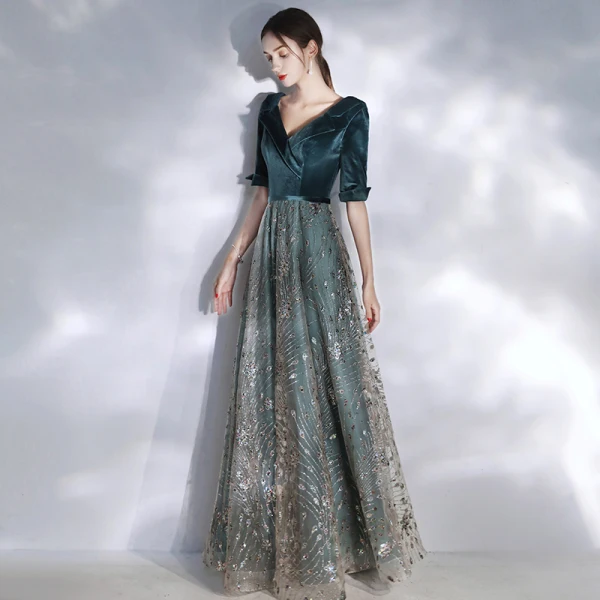 Chic / Belle Bleu D'encre Robe De Soirée 2020 Princesse V-Cou 1/2 Manches Glitter Paillettes Tulle Ceinture Longue Volants Dos Nu Robe De Ceremonie