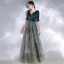 Chic / Belle Bleu D'encre Robe De Soirée 2020 Princesse V-Cou 1/2 Manches Glitter Paillettes Tulle Ceinture Longue Volants Dos Nu Robe De Ceremonie