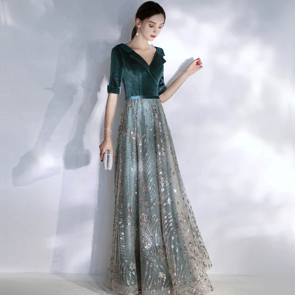 Chic / Belle Bleu D'encre Robe De Soirée 2020 Princesse V-Cou 1/2 Manches Glitter Paillettes Tulle Ceinture Longue Volants Dos Nu Robe De Ceremonie