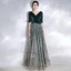 Chic / Belle Bleu D'encre Robe De Soirée 2020 Princesse V-Cou 1/2 Manches Glitter Paillettes Tulle Ceinture Longue Volants Dos Nu Robe De Ceremonie