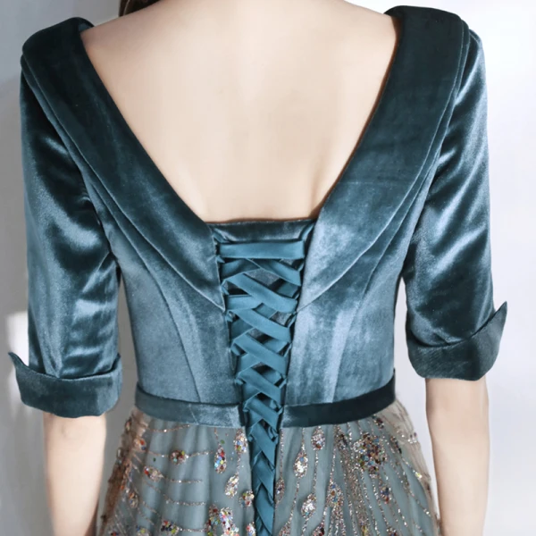 Chic / Belle Bleu D'encre Robe De Soirée 2020 Princesse V-Cou 1/2 Manches Glitter Paillettes Tulle Ceinture Longue Volants Dos Nu Robe De Ceremonie