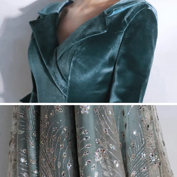 Chic / Belle Bleu D'encre Robe De Soirée 2020 Princesse V-Cou 1/2 Manches Glitter Paillettes Tulle Ceinture Longue Volants Dos Nu Robe De Ceremonie