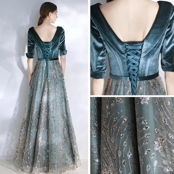 Chic / Belle Bleu D'encre Robe De Soirée 2020 Princesse V-Cou 1/2 Manches Glitter Paillettes Tulle Ceinture Longue Volants Dos Nu Robe De Ceremonie
