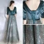 Chic / Belle Bleu D'encre Robe De Soirée 2020 Princesse V-Cou 1/2 Manches Glitter Paillettes Tulle Ceinture Longue Volants Dos Nu Robe De Ceremonie