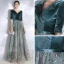 Chic / Belle Bleu D'encre Robe De Soirée 2020 Princesse V-Cou 1/2 Manches Glitter Paillettes Tulle Ceinture Longue Volants Dos Nu Robe De Ceremonie