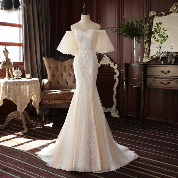 High-end Champagne Lace Wedding Dresses 2020 Trumpet / Mermaid Off-The ...