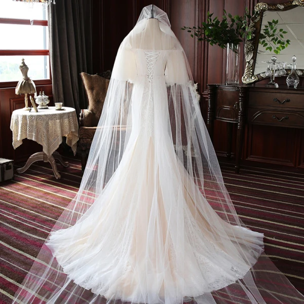 High-end Champagne Lace Wedding Dresses 2020 Trumpet / Mermaid Off-The-Shoulder Puffy 1/2 Sleeves Backless Court Train