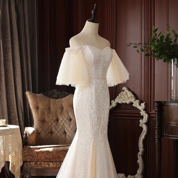 High-end Champagne Lace Wedding Dresses 2020 Trumpet / Mermaid Off-The-Shoulder Puffy 1/2 Sleeves Backless Court Train