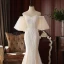 High-end Champagne Lace Wedding Dresses 2020 Trumpet / Mermaid Off-The-Shoulder Puffy 1/2 Sleeves Backless Court Train