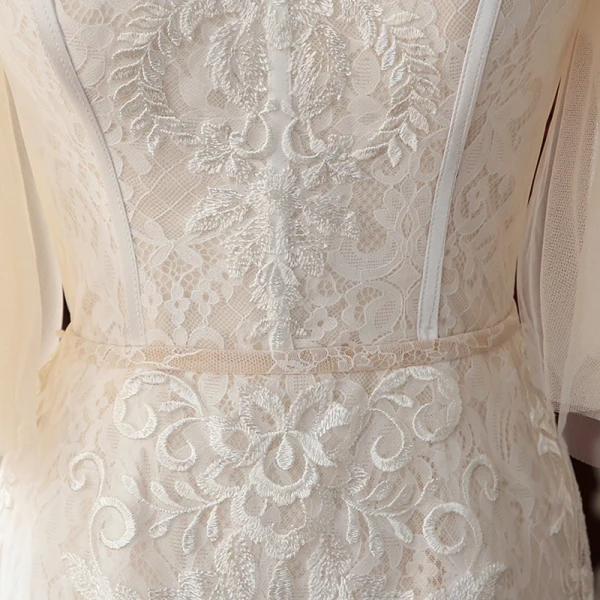 High-end Champagne Lace Wedding Dresses 2020 Trumpet / Mermaid Off-The-Shoulder Puffy 1/2 Sleeves Backless Court Train