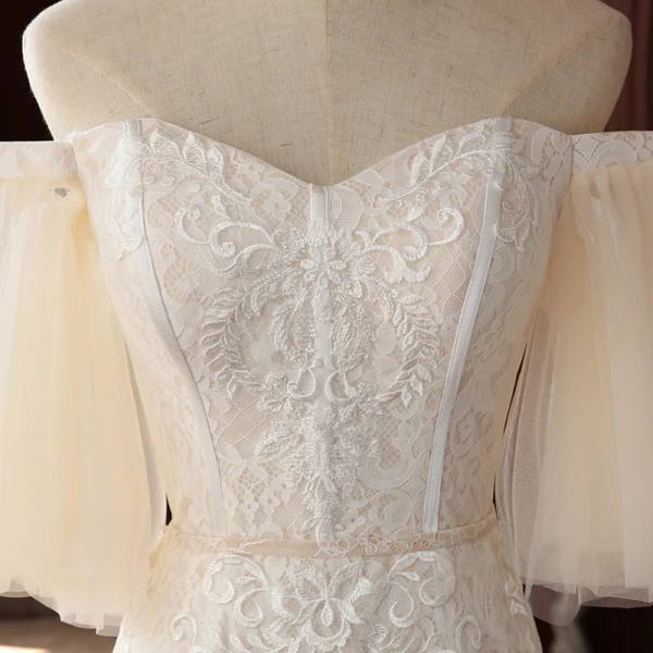 High-end Champagne Lace Wedding Dresses 2020 Trumpet / Mermaid Off-The-Shoulder Puffy 1/2 Sleeves Backless Court Train