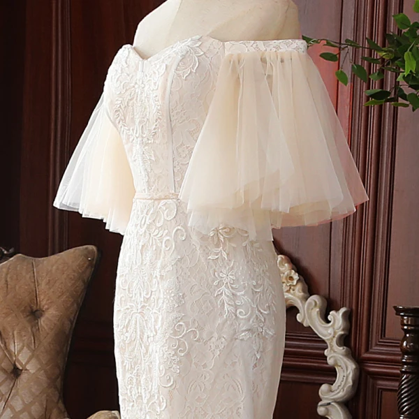 High-end Champagne Lace Wedding Dresses 2020 Trumpet / Mermaid Off-The-Shoulder Puffy 1/2 Sleeves Backless Court Train